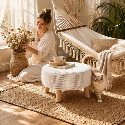 Wimarsbon Pouf Ottoman, 100% Cotton Knitted Boho Footstool, Round Footrest with Non-Skid Wood Legs, Home Décor Handmade Pouffe, Leisure Floor Step Stool for Living Room (Beige)