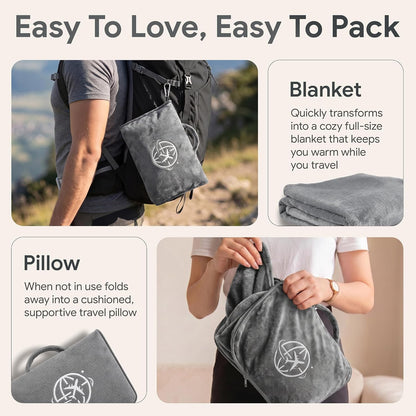 2-in-1 Travel Blanket and Pillow – Lightweight, Compact, Ultra Soft, Machine Washable – Handle, Luggage Sleeve, Backpack Clip – for Travel Airplane, Car, Office (Gray)
