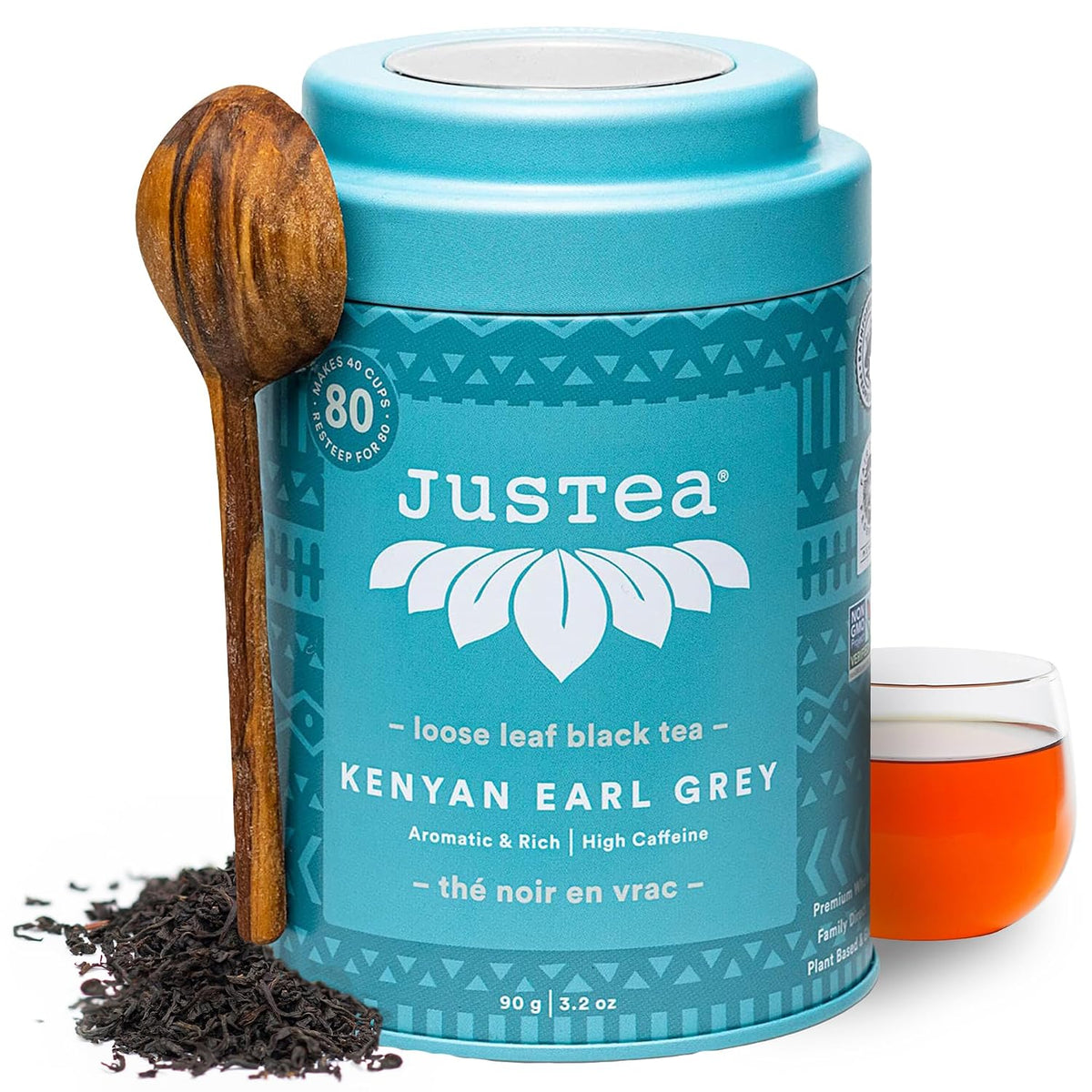 JusTea KENYAN EARL GREY Loose Black Tea, 40+ Cups Tin + Spoon, 4/5 Caffeine