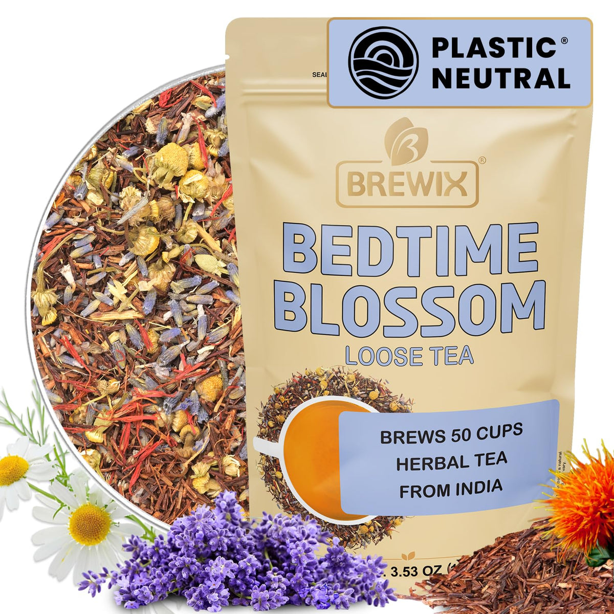 BREWIX Bedtime Blossom Sleep Tea Loose Leaf (50+ Cups) | Caffeine Free Calming Herbal Bedtime Tea with Rooibos, Chamomile and Lavender | Naturally Sweet Night Time Tea | Hot or Iced