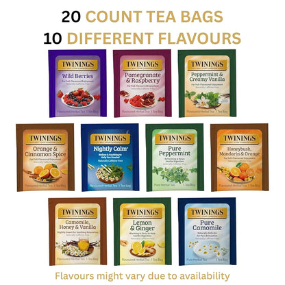 Twinings Herbal Caffeine-Free Tea Bags Sampler, Assortment Variety Pack (20 Count) 10 Different Flavours for Tea Lovers: Her, Him, Women, Men, Couples, Family, Friends, Coworkers