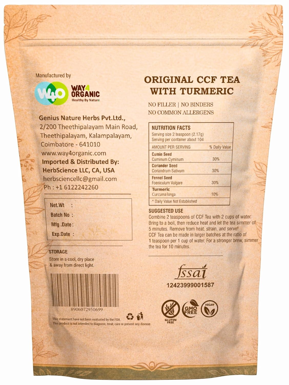 CCF Tea (Cumin, Coriander, Fennel) with Turmeric - Supports Natural Detoxification 8 Ounces (Pack of 1)