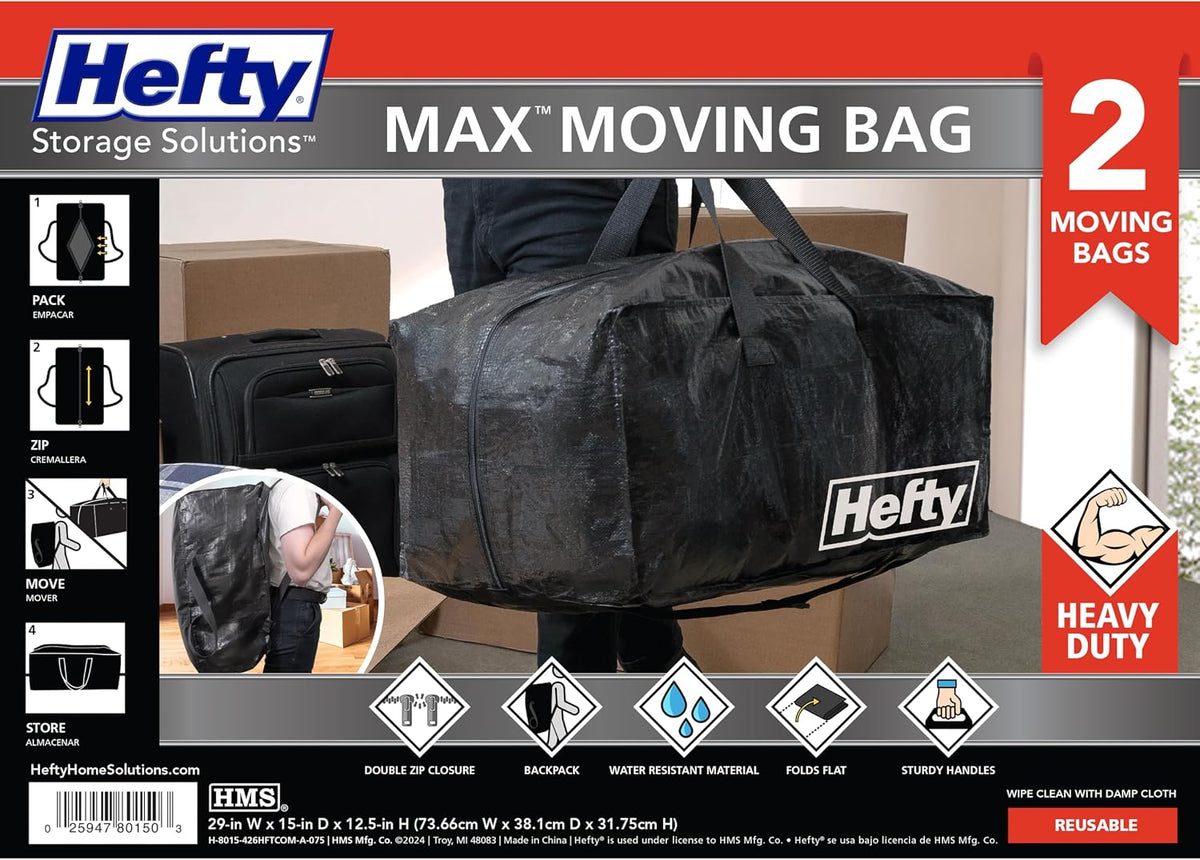 Hefty Storage Bags Extra Large Double Zipper Backpack, Heavy Duty Water Resistant Moving Totes with Shoulder Straps, Foldable Reusable Packing Organizers, (X-Large Black)