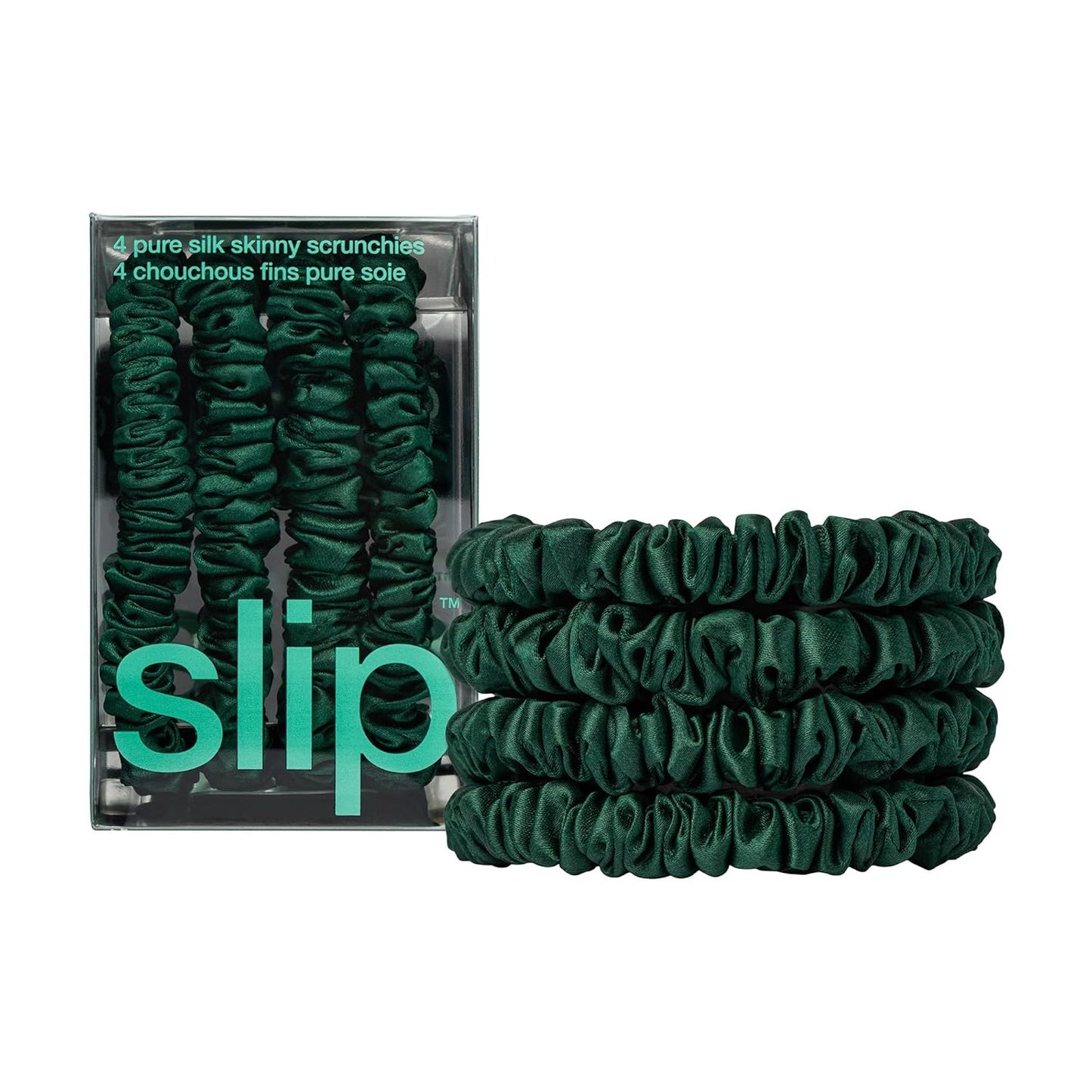 Slip Silk Hair Ties — Skinny Silk Black Scrunchies, No Damage, No Crease, Anti-Breakage |100% Mulberry Silk | All Hair Types | Made with Proprietary Slipsilk™ | Set of 4