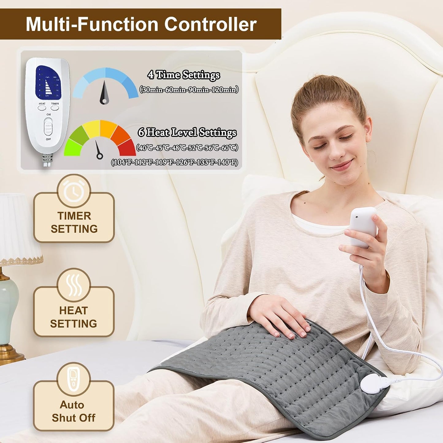 12"x24" Heating pad, Electric Heat Pad 6 Heating &4 Timer Setting
