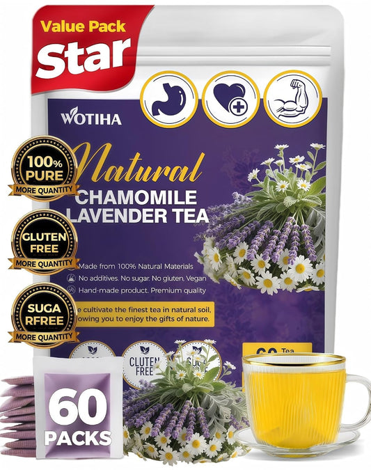 WOTIHA 60 Count Premium Chamomile Lavender Tea Bags - 100% Pure Flowers, Soothing Aroma, Supports Relaxation & Better Sleep, Caffeine-Free, Additive-Free, Sugar-Free, Vegan.Non-GMO