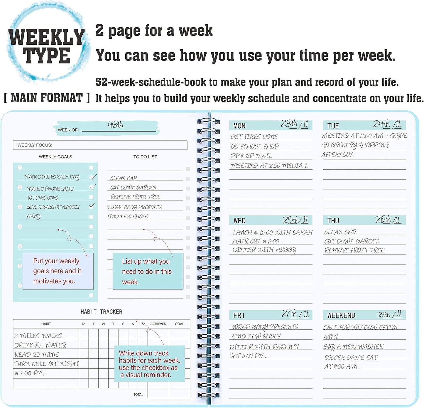 Undated Weekly Planner With Habit Tracker & To Do List 5.7 x 8.0 inch | Avoid Unfocused Busywork,Productivity Organizer,No-Bleed Thick Pages,Portable Size,Lay-Flat Spiral for Hands Free