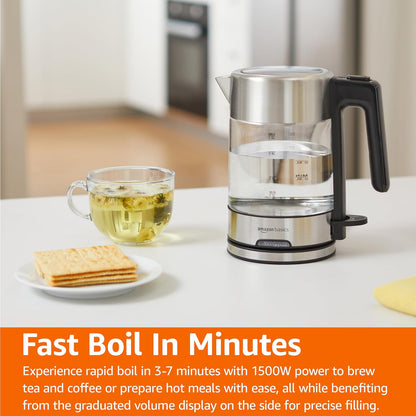 Amazon Basics Electric Kettle with Glass Carafe for Tea and Coffee, BPA-Free, Fast Boiling, Auto Shut-Off, Boil-Dry Protection, Water Level Indicator, 1.7 Liter, 1500W, Black and Silver
