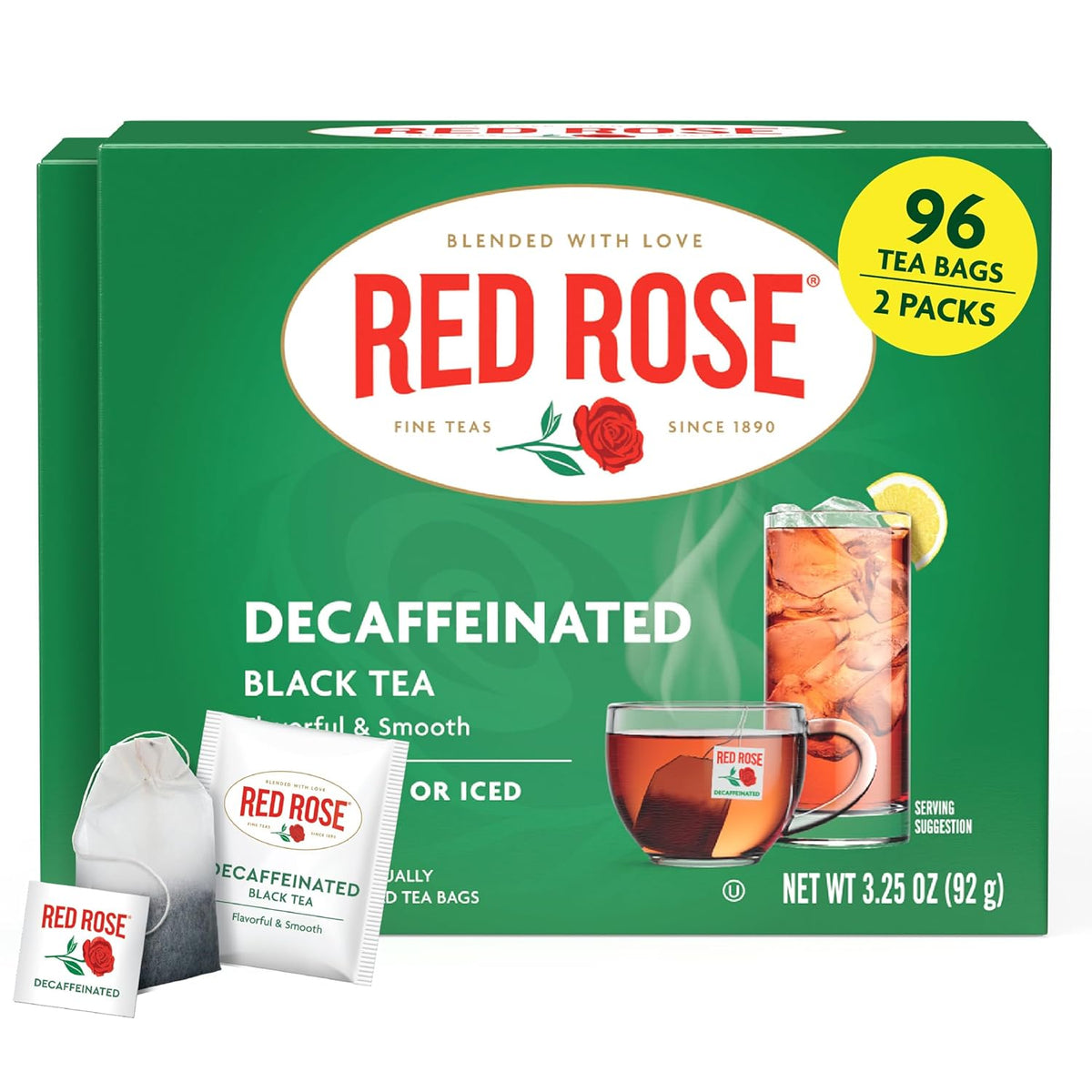 Red Rose Decaffeinated Black Tea, Smooth & Flavorful, 48 Tea Bags 2 Pack