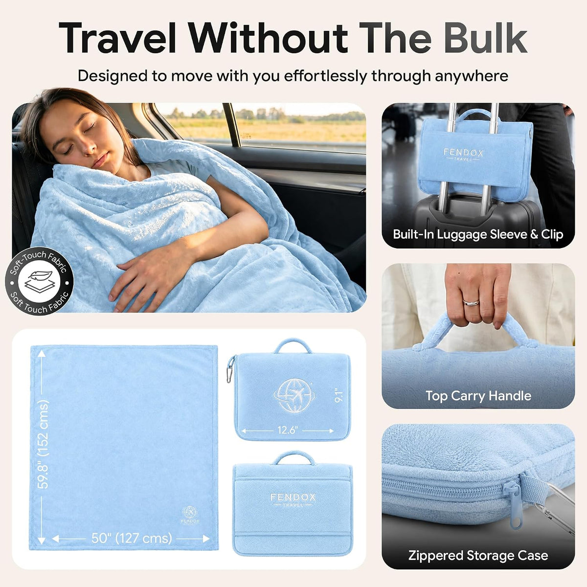 2-in-1 Travel Blanket and Pillow – Lightweight, Compact, Ultra Soft, Machine Washable – Handle, Luggage Sleeve, Backpack Clip – for Travel Airplane, Car, Office (Gray)