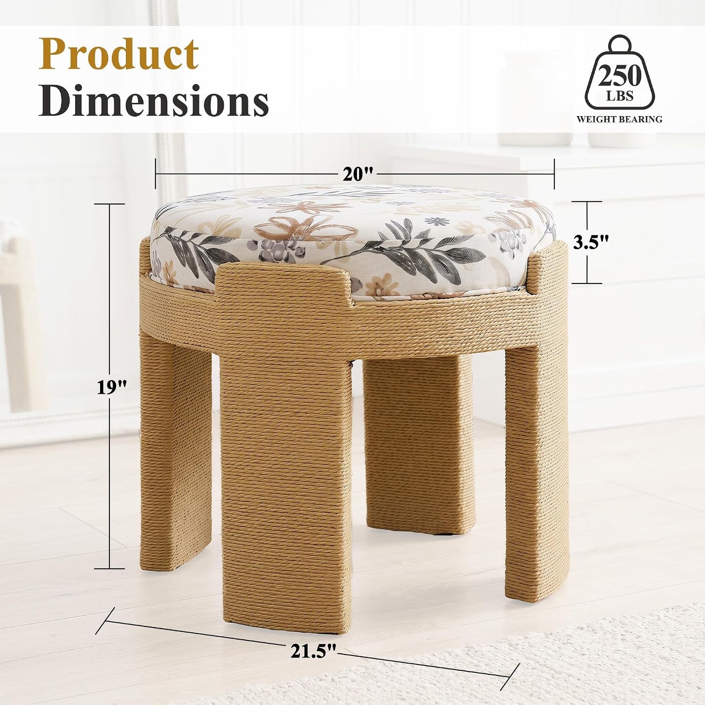 Round Foot Stool Ottoman Set of 2, Boho Hand-Woven Rope Upholstered Accent Footrest Vanity Stool Fully Assembled for Bedroom Living Room, Beige Linen