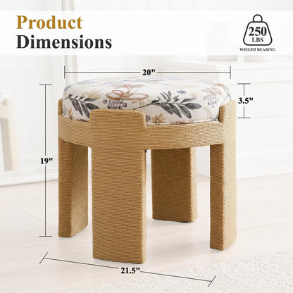 Round Foot Stool Ottoman Set of 2, Boho Hand-Woven Rope Upholstered Accent Footrest Vanity Stool Fully Assembled for Bedroom Living Room, Beige Linen