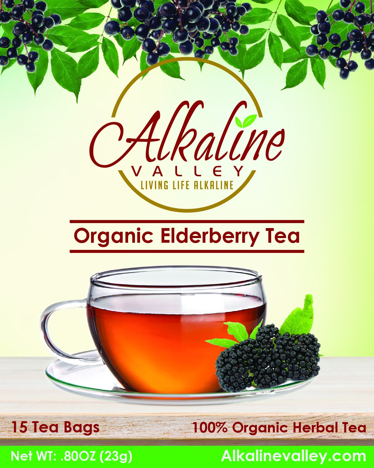 Elderberry Tea Organic - 100% Alkaline - 15 Unbleached/Chemical-Free Elderberry Tea Bags - Caffeine-Free, No GMO