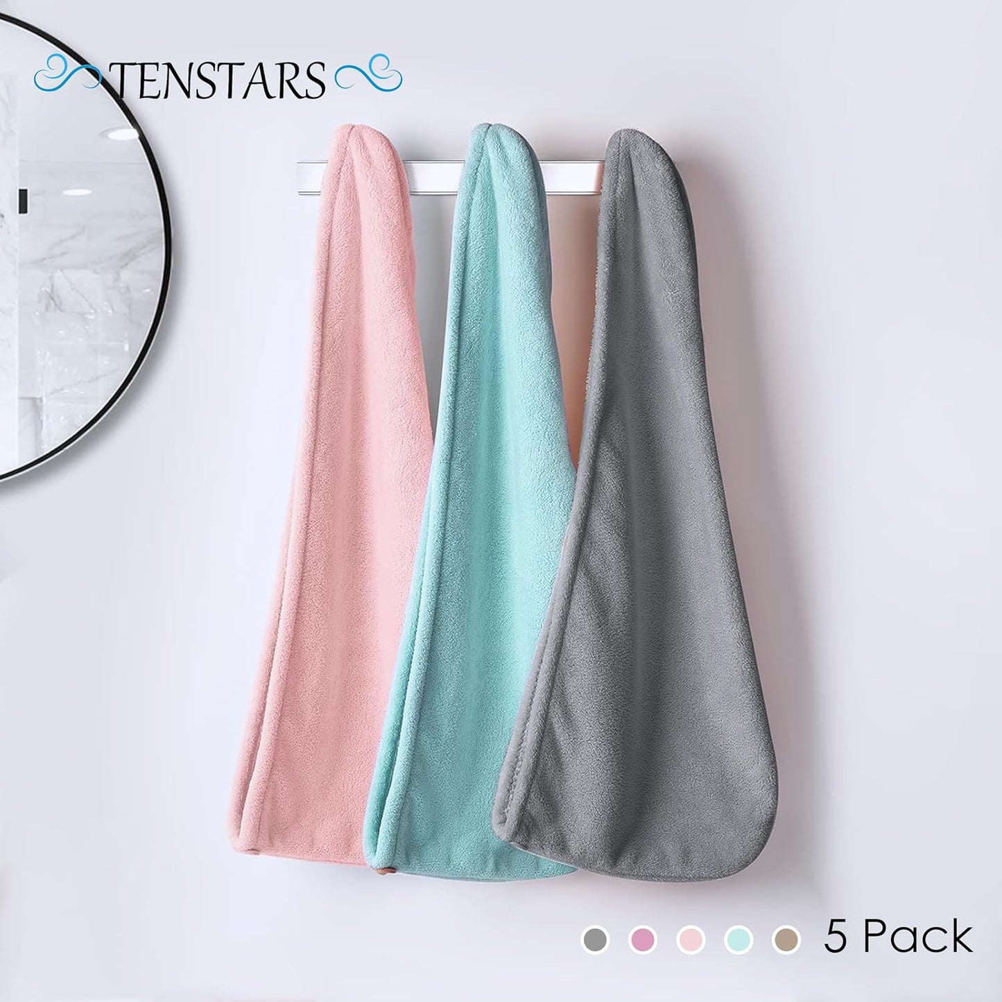TENSTARS 5 Pack Thicken Microfiber Hair Towel Wrap for Women - Elastic Loop Design - 320GSM Coral Velvet - Quick Dry Hair Turban - 11x28 Inch (Pink)
