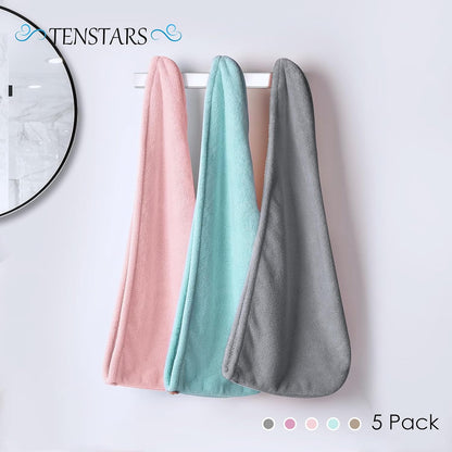 TENSTARS 5 Pack Thicken Microfiber Hair Towel Wrap for Women - Elastic Loop Design - 320GSM Coral Velvet - Quick Dry Hair Turban - 11x28 Inch (Pink)