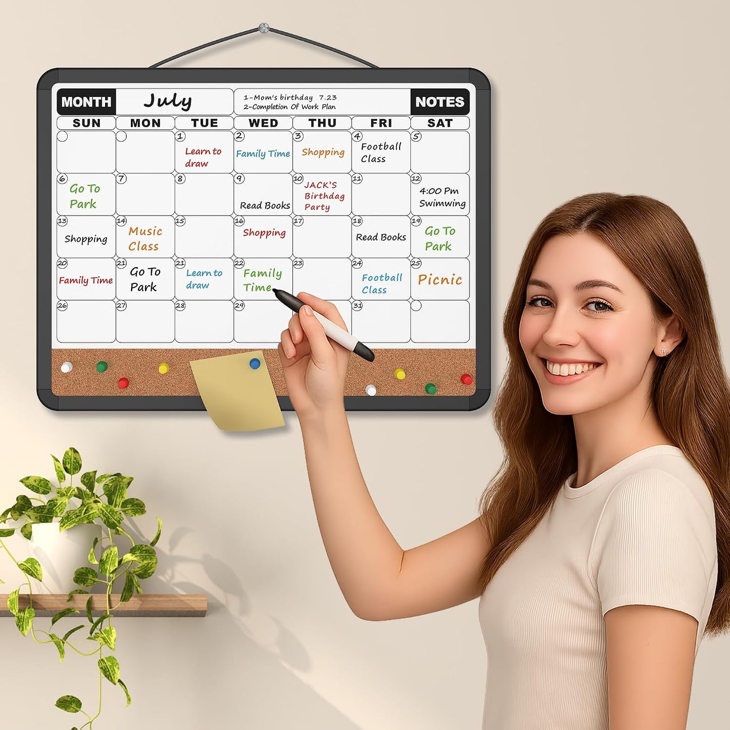 Monthly Calendar Dry Erase Board 16x12 Inch, Double-Sided Whiteboard and Corkboard Combo, Wall Mounted Planner Organizer with Markers, Magnets, Push Pins, Eraser, for Home Office School