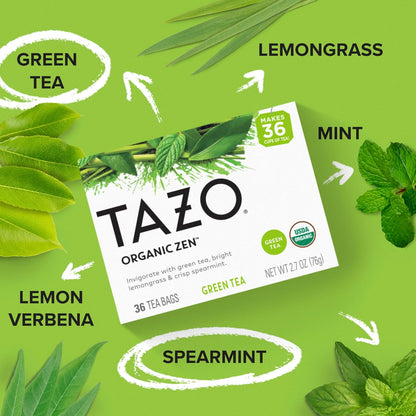 TAZO Organic Zen Green Tea, Caffeinated Tea with Refreshing Lemongrass & Spearmint, 36 Total Bags