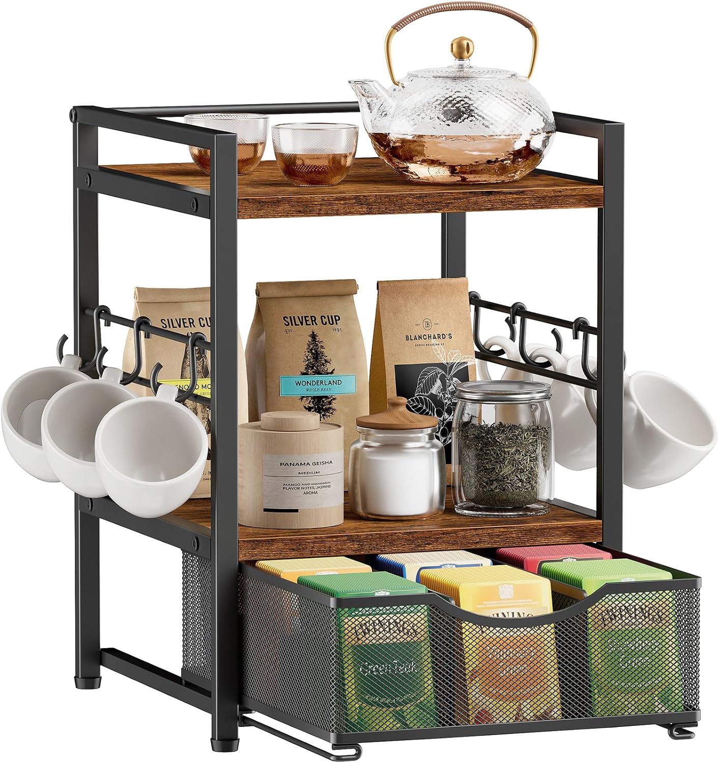 Plaviya 3-Tier Tea Bag Organizer with Drawer for Countertop | Tea Bag Holder and Storage, 9 Compartments, 6 Hooks for Cup, Utility Tea Box, Office, Kitchen, Rustic Brown