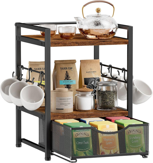 Plaviya 3-Tier Tea Bag Organizer with Drawer for Countertop | Tea Bag Holder and Storage, 9 Compartments, 6 Hooks for Cup, Utility Tea Box, Office, Kitchen, Rustic Brown