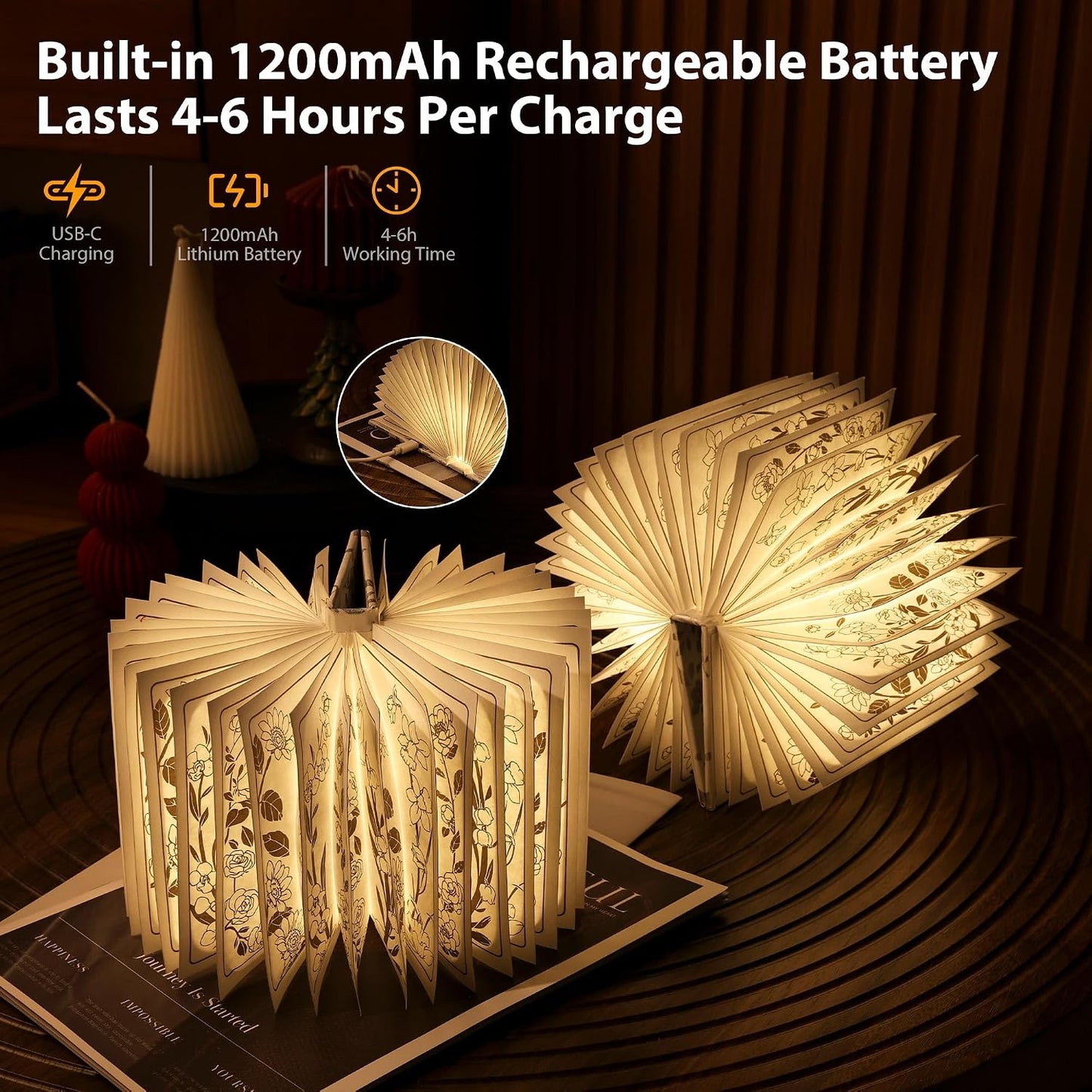 Book Lover Gift, Folding Book Lamp Decor, Portable Print Book Light | 1200mAh Rechargeable Night Light, Paper Desk Lamp, Reading Bookshelf Lamp, Gift for Women & Readers & Christmas (Black）