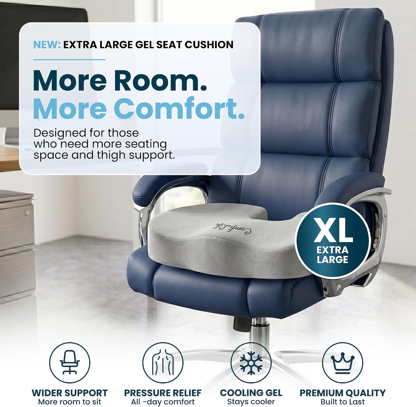 ComfiLife Gel Enhanced Seat Cushion – Office Chair Cushion – Non-Slip Gel & Memory Foam Coccyx Cushion for Tailbone Pain - Desk Chair Car Seat Cushion Driving - Sciatica & Back Pain Relief (Navy)