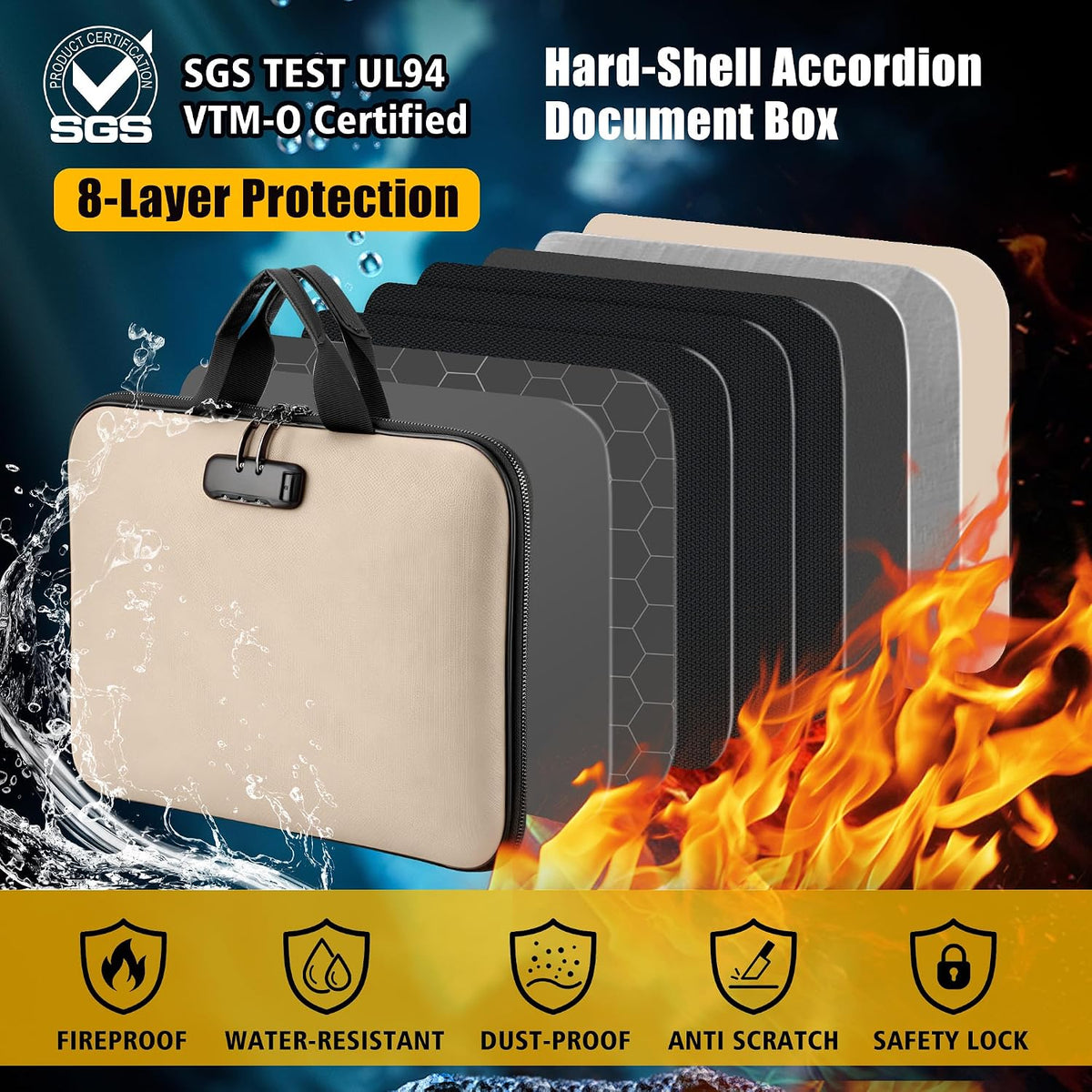 facka Fireproof Document Organizer Box with Lock, 13 Pocket Safe File Bag