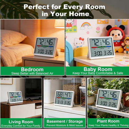 Digital Hygrometer Indoor Thermometer, Clock with Temp & Humidity, Temp Gauge with Comfort Indicator, Wall/Magnetic/Desk Alarm Clock for Bedroom, Baby Room, Office, Kitchen, Garage (White)