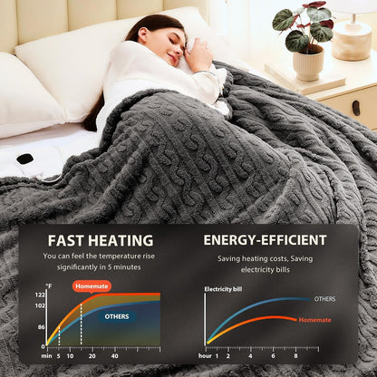 Homemate Electric Heated Blanket Twin - 62"x84" Heating Bed Blankets Throw with 10 Heating Levels 8 Hours Auto Off Fast Heating Over-Heated Protection Ultra Soft Warm Flannel ETL Certified Grey - Colors A