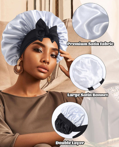 Satin Bonnet for Sleeping Cap Double Layer Hair Bonnet with Elastic Tie Band for Curly Hair Night Cap (Bean Paste + Pink)