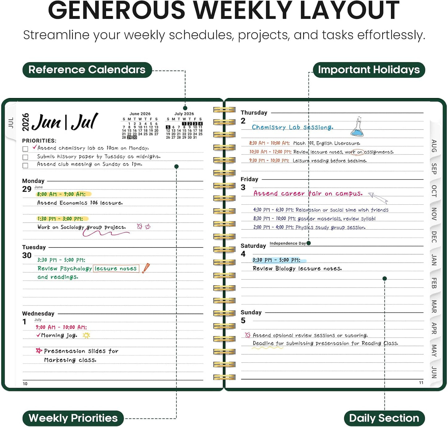 Planner 2026-2027, 8.5" x 11" Weekly and Monthly Academic Year Planner Calendar, July 2026 - June 2027, Hardcover Large School Planning Agenda With Tabs, Perfect for School & Office Supplies, A4, Green