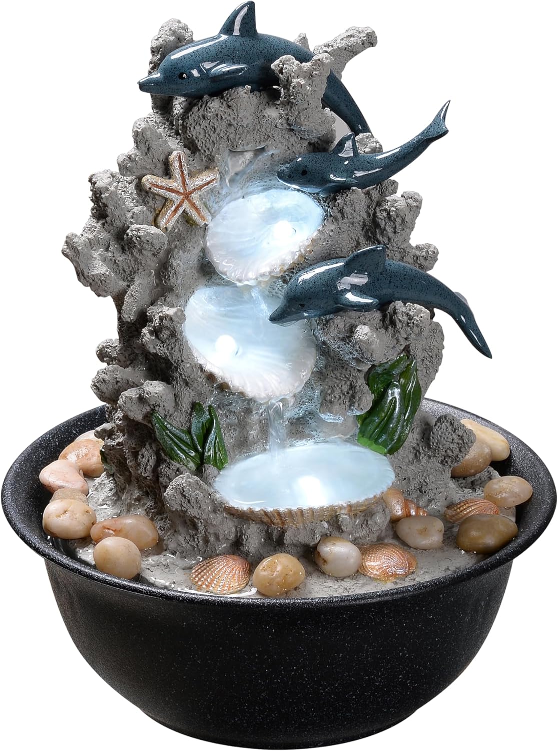 Indoor Tabletop Dolphin Water Fountain with LED Light – Ocean Theme Desk Decor and River Rocks, Relaxing Sound Machine for Sleep & Office, Zen Home Décor Gift for Women, Living Room Decoration