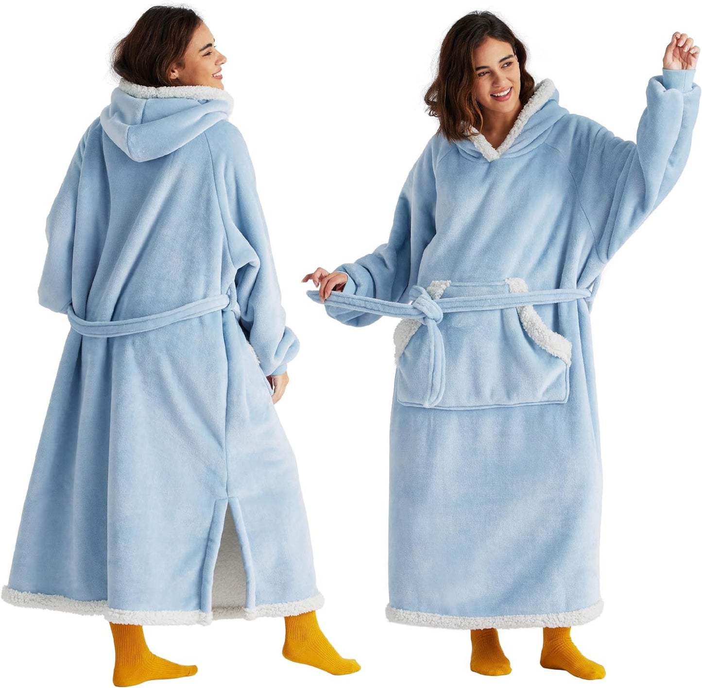 Bedsure Wearable Blanket Hoodie, Long Hooded Blanket Sweatshirt as Mothers Birthday Gifts for Women, Cozy Sherpa Hoodie for Adult, Standard, Grey