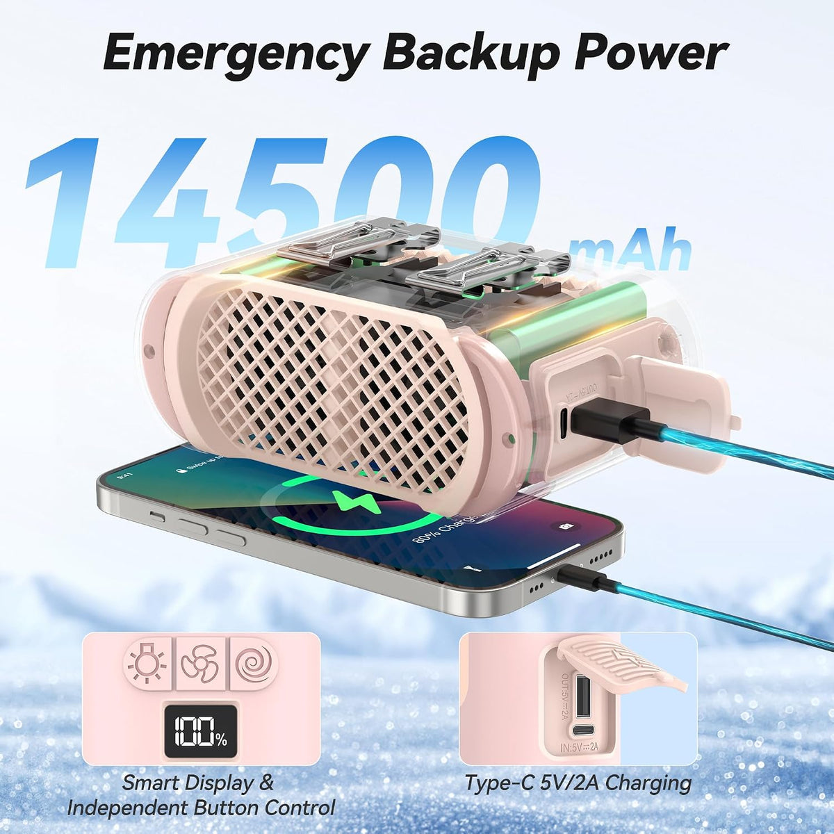 14500mAh Portable Waist Fan, Shirt Belt Clip on Fan Full Body Cooling