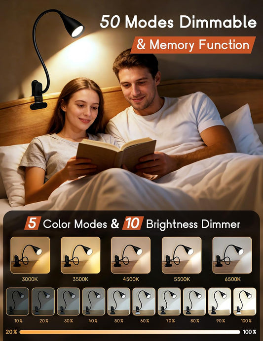 Reading Light for Book in Bed, Clip on Light Reading Lamp with Adapter, 5 Color Modes 10 Brightness, 360° Flexible Eye-Caring Clip on Desk Lamp Book Light for Reading in Bed Headboard Bedside Bedroom