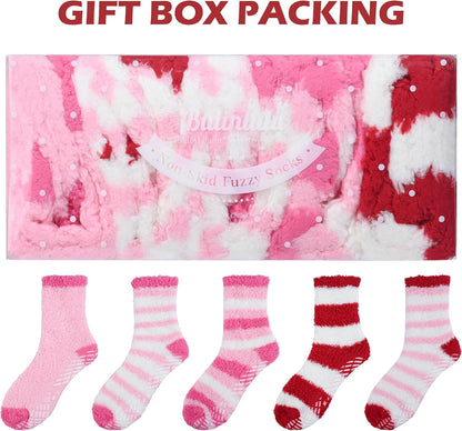 Bulinlulu Fuzzy Socks With Grips for Women, 5 Pairs Non Slip Sleep Warm Fluffy Slipper Socks Gifts for Women