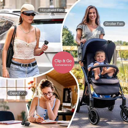 Portable Clip-On Mini Fan, Personal Handheld Fan for Stroller w/ LED Screen