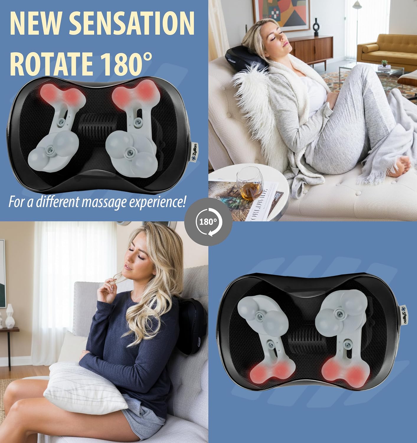 Zyllion Shiatsu Back and Neck Massager with Heat - 3D Electric Kneading Deep Tissue Massage Pillow with 8 Massaging Nodes for Muscle Pain Relief, Black, ZMA-25