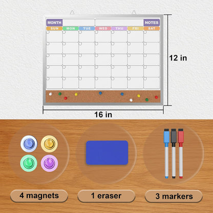 Monthly Calendar Dry Erase Board 16x12 Inch, Double-Sided Whiteboard and Corkboard Combo, Wall Mounted Planner Organizer with Markers, Magnets, Push Pins, Eraser, for Home Office School