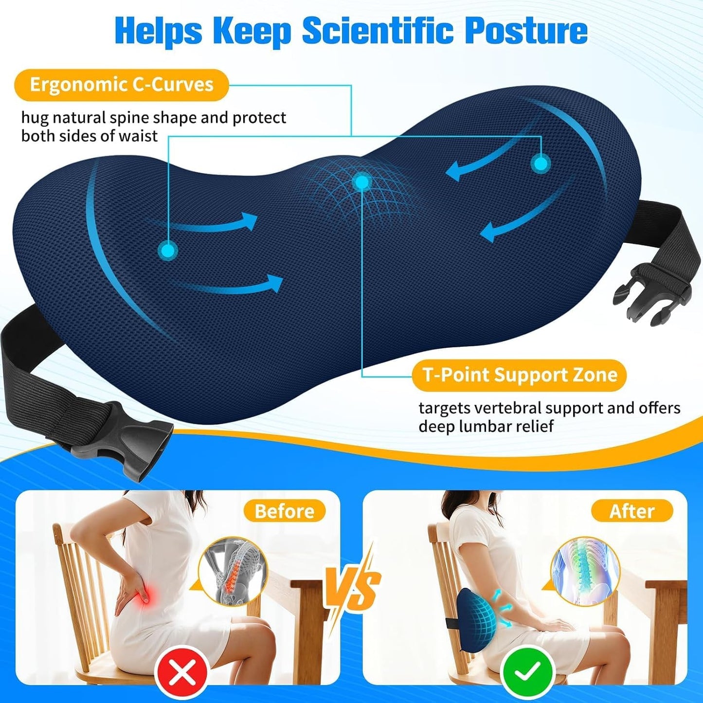 SweetSlubr Lumbar Support Pillow for Office Chair - Memory Foam Lumbar Pillow with Detachable Strap & Breathable Cover, Ergonomic Back Support for Office Chair, Car Seat Cushion, Bed Rest (Black)