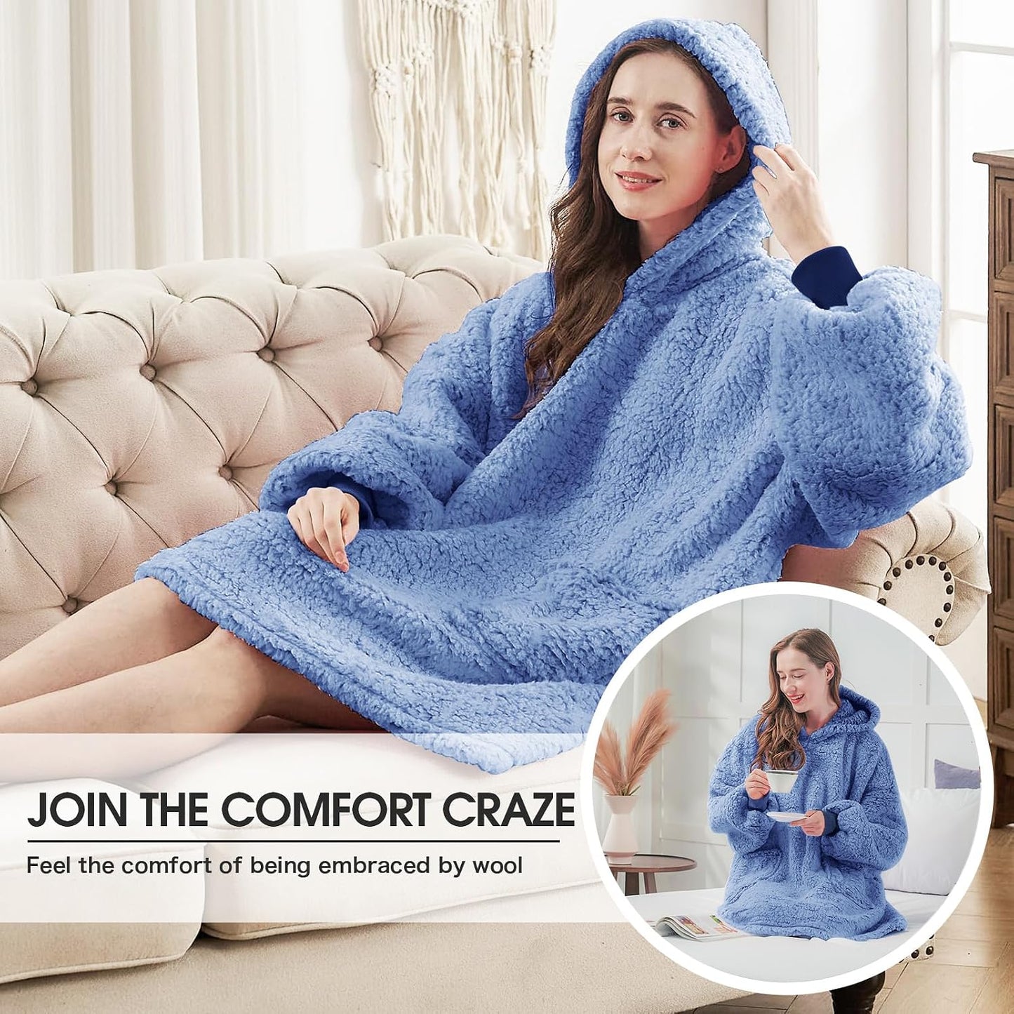 yescool Wearable Blanket Hoodie, Flannel Sherpa Fleece Blanket Sweatshirt for Adults Women Men,One Size Fits All - Colors B