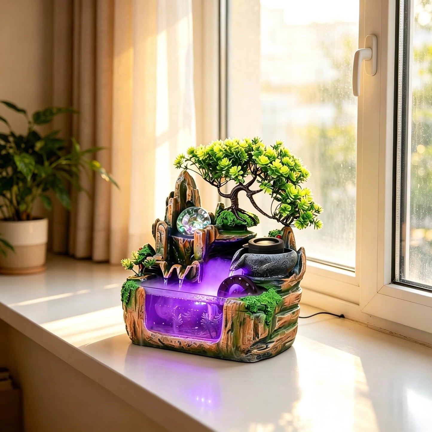 Mini Artificial Bonsai Tree Waterfall Fog Feature Rock Tabletop Fountain | 11in Desktop Decor Waterfall Fountain W/ Water Pump& Atomizer&LED Lights &Fake Tree Office Bedroom Relax