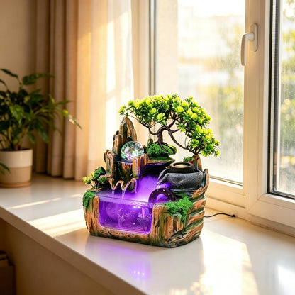 Mini Artificial Bonsai Tree Waterfall Fog Feature Rock Tabletop Fountain | 11in Desktop Decor Waterfall Fountain W/ Water Pump& Atomizer&LED Lights &Fake Tree Office Bedroom Relax