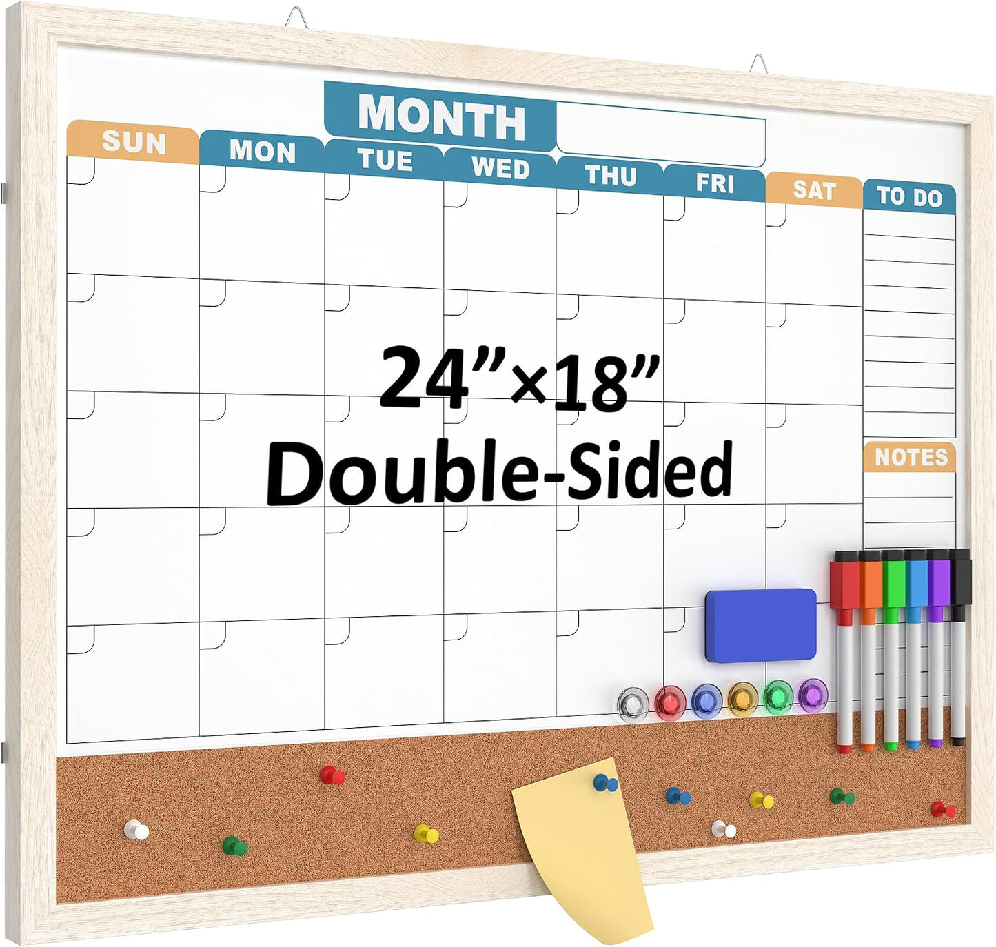 Monthly Calendar Dry Erase Board 16x12 Inch, Double-Sided Whiteboard and Corkboard Combo, Wall Mounted Planner Organizer with Markers, Magnets, Push Pins, Eraser, for Home Office School