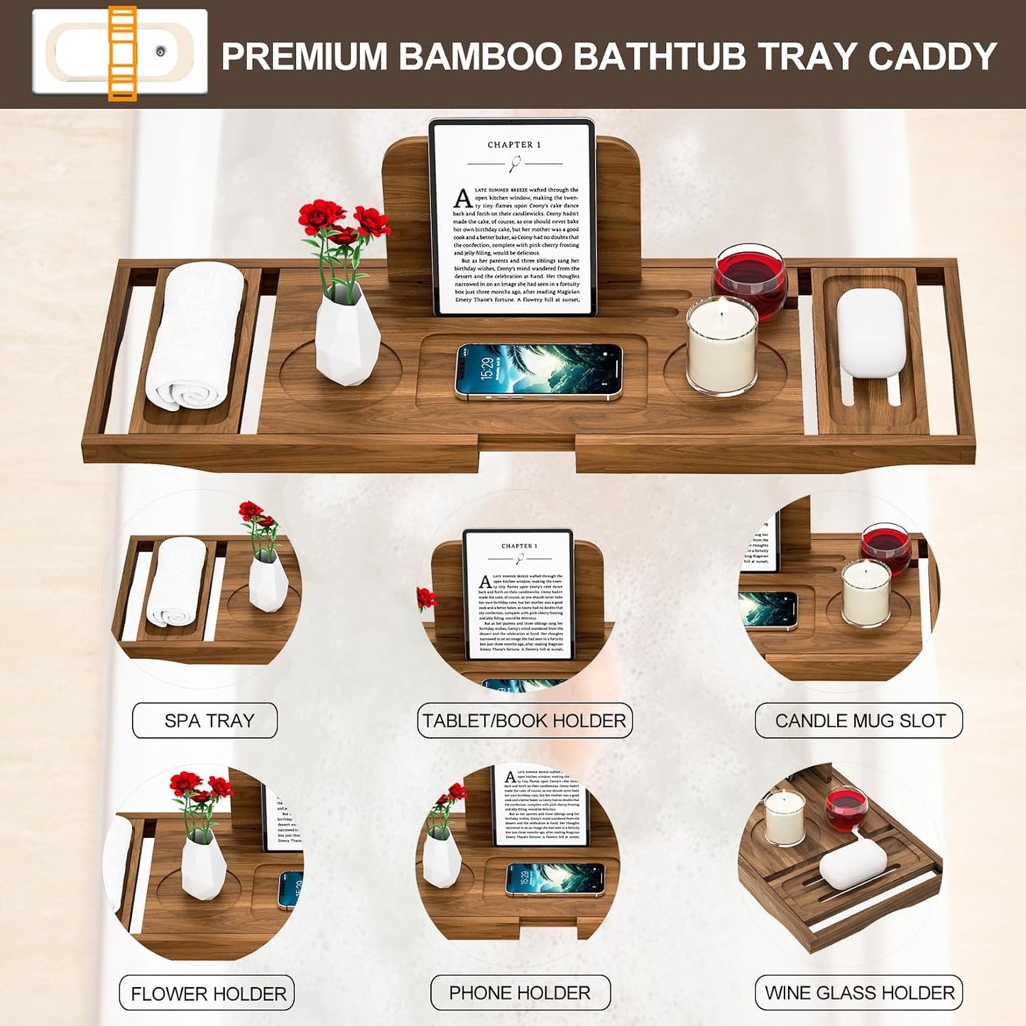 Premium Bamboo Bathtub Tray Caddy - Bath Tub Tray Table for Bathtub - Bath Caddy Tray for Bathtub, Expandable Size, Fits Most Bath Tubs