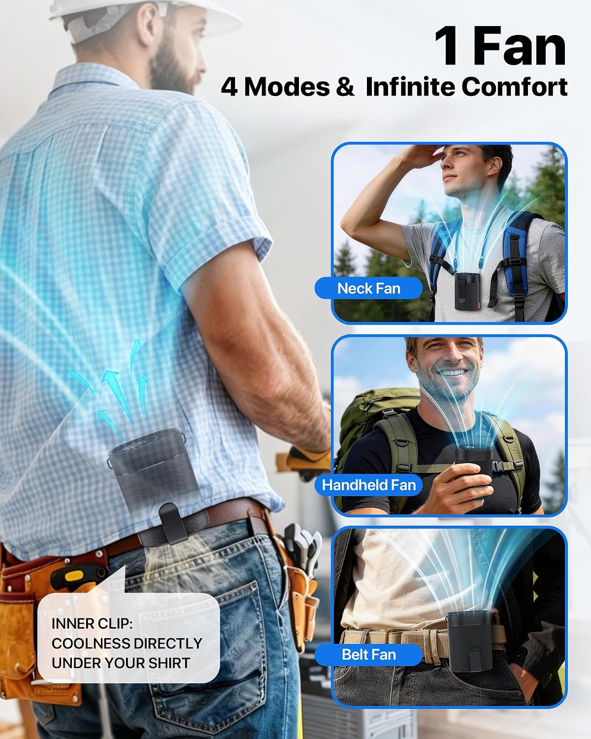 2026 Upgraded Portable Waist Fan, 4-in-1 Clip On Personal Neck Fan, 25H Long Battery Wearable Body Fan with 4 Speeds, Ultra-Lightweight Hands-Free Shirt Fan for Outdoor Work, Jobsite, Camping