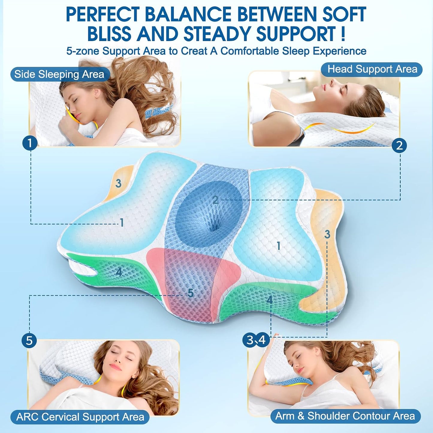 CHxxy Cervical Neck Pillow for Pain Relief Sleeping, Memory Foam Pillows, Ergonomic Side Sleeper Pillows, Cooling Orthopedic Neck Support Pillow for Back Stomach Sleepers-Queen Size Grey&Grey