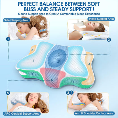 CHxxy Cervical Neck Pillow for Pain Relief Sleeping, Memory Foam Pillows, Ergonomic Side Sleeper Pillows, Cooling Orthopedic Neck Support Pillow for Back Stomach Sleepers-Queen Size Grey&Grey