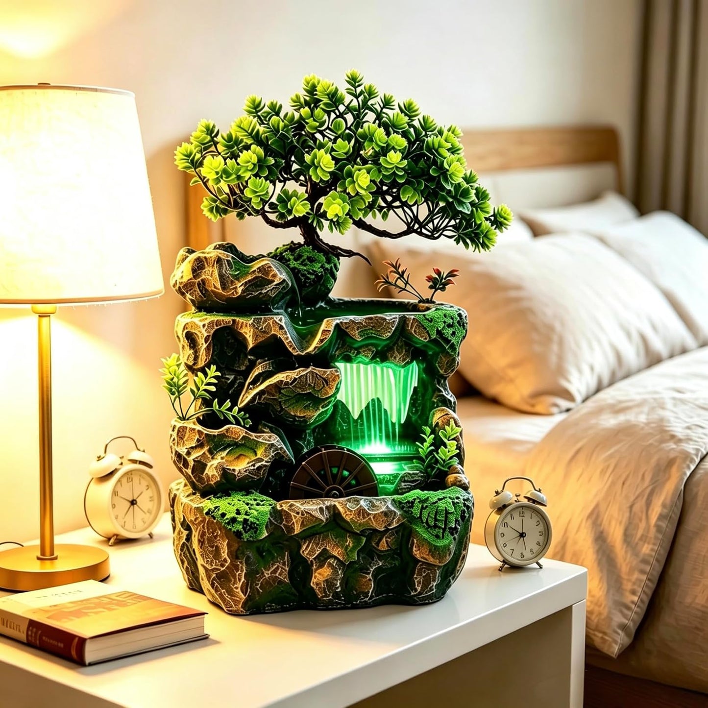 Mini Artificial Bonsai Tree Waterfall Fog Feature Rock Tabletop Fountain | 11in Desktop Decor Waterfall Fountain W/ Water Pump& Atomizer&LED Lights &Fake Tree Office Bedroom Relax