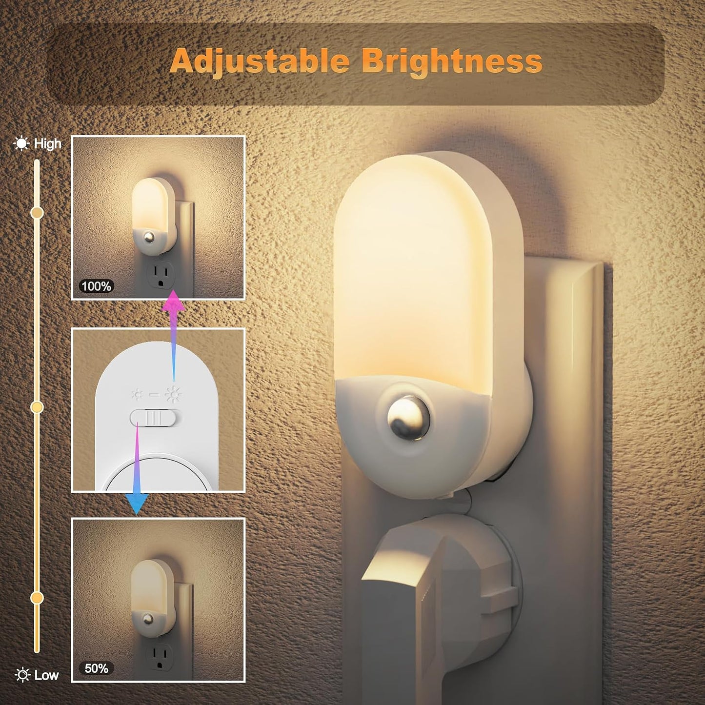 JandCase Night Light, Modern Night Lights Plug into Wall,2 Pack Dusk to Dawn Sensor Nightlight, Amber Brightness Adjustable Nightlight for Kids Bathroom Hallway Kitchen Bedroom Decor