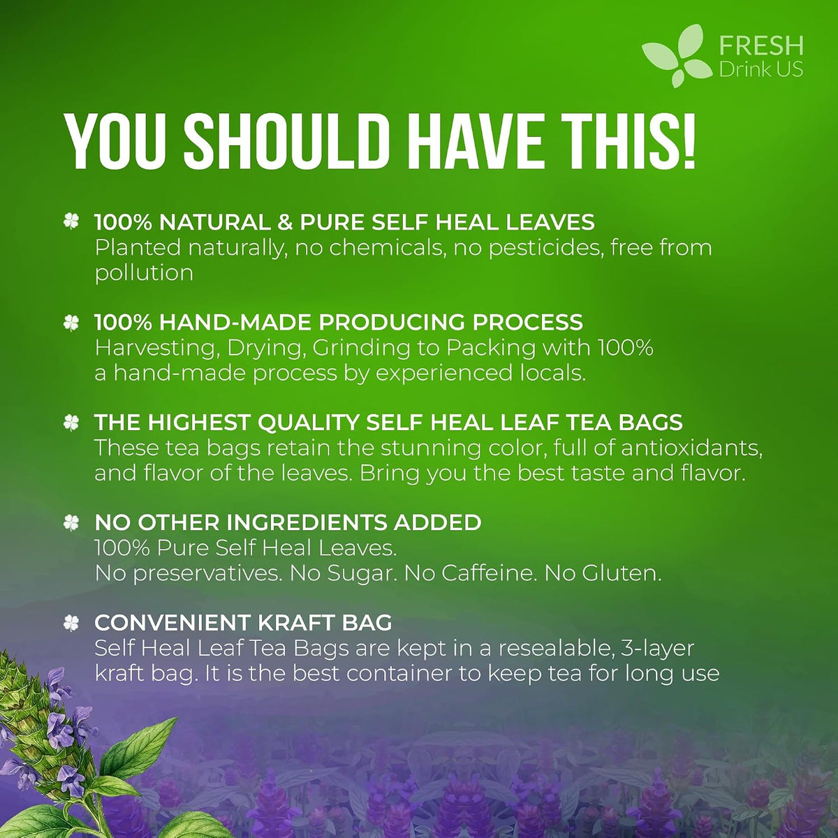FreshDrinkUS, Premium Self Heal Leaf Tea Bag, 75 Count, Caffeine Free
